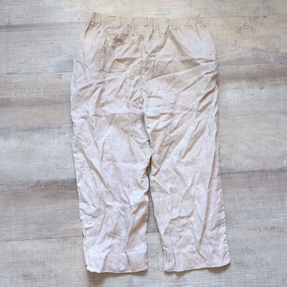 Quince Women's 100% Linen Crop Pants Size L Beige Pull On W Pockets